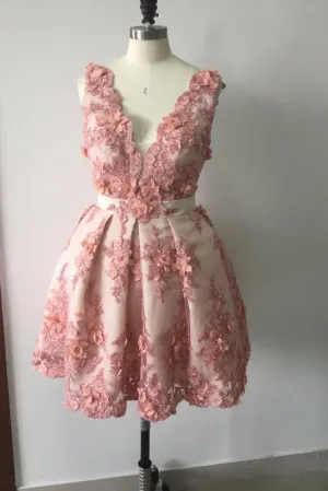 Chic Homecoming Dress A Line V Neck Appliques Flower Sleeveless Tulle Short Prom Dress Party Dress OHM114