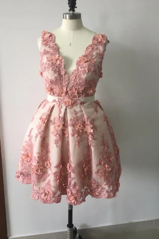 Chic Homecoming Dress A Line V Neck Appliques Flower Sleeveless Tulle Short Prom Dress Party Dress OHM114