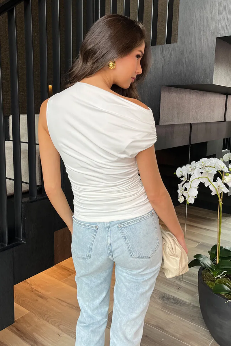 Cream Off The Shoulder Ruched Waist Draped Top
