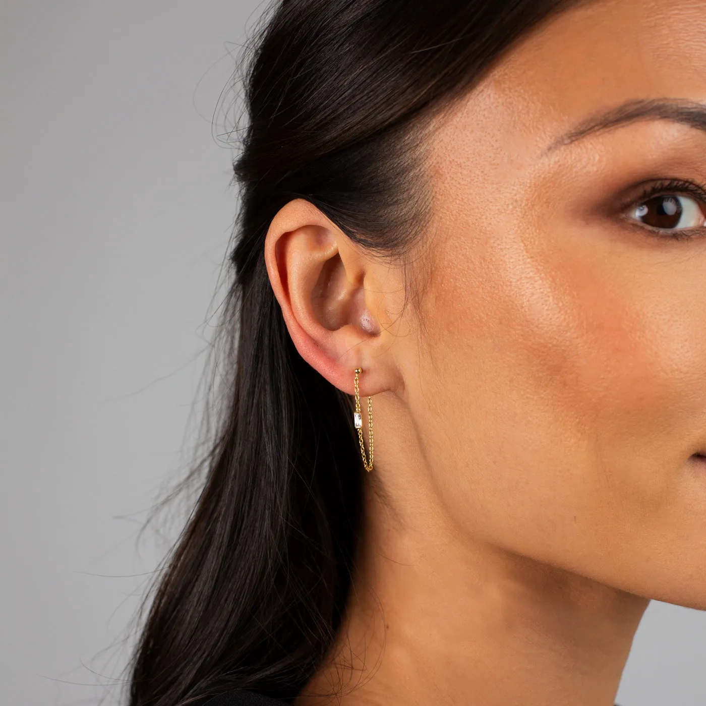 CZ Baguette Front Back Chain Stud Earring