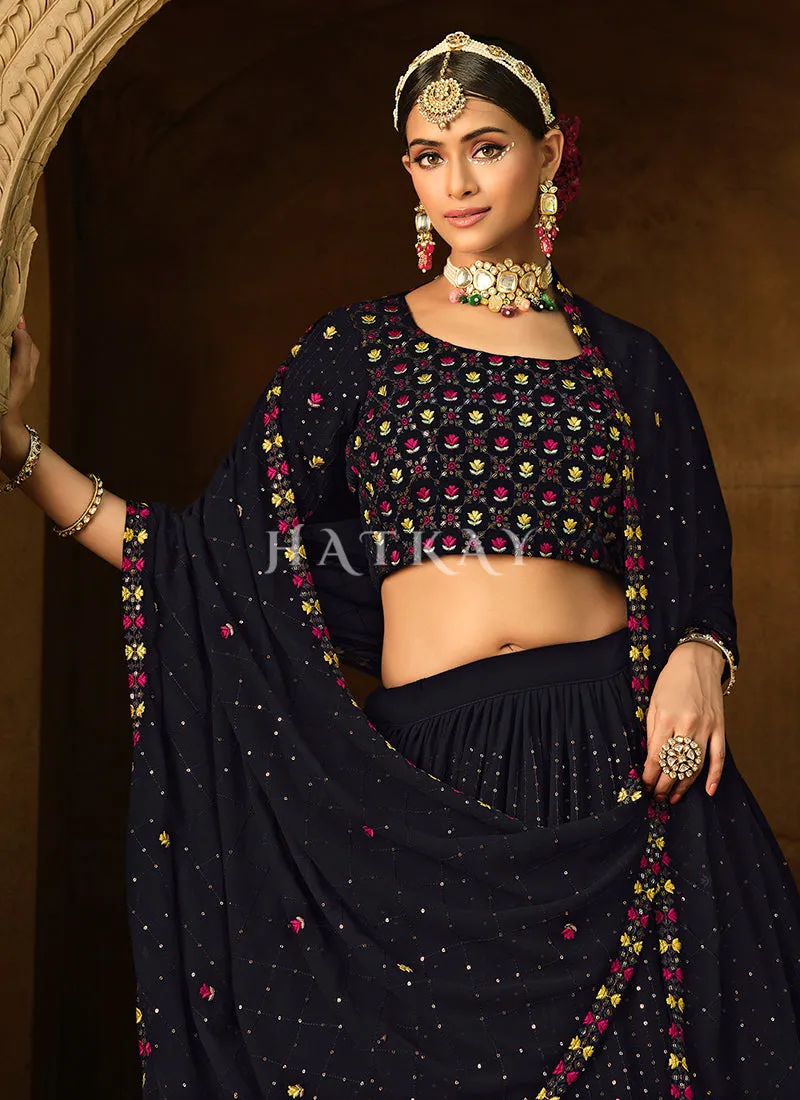 Dark Blue Multi Floral Embroidery Georgette Lehenga Choli
