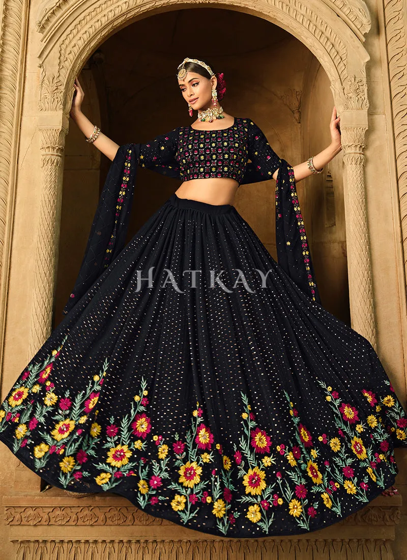 Dark Blue Multi Floral Embroidery Georgette Lehenga Choli