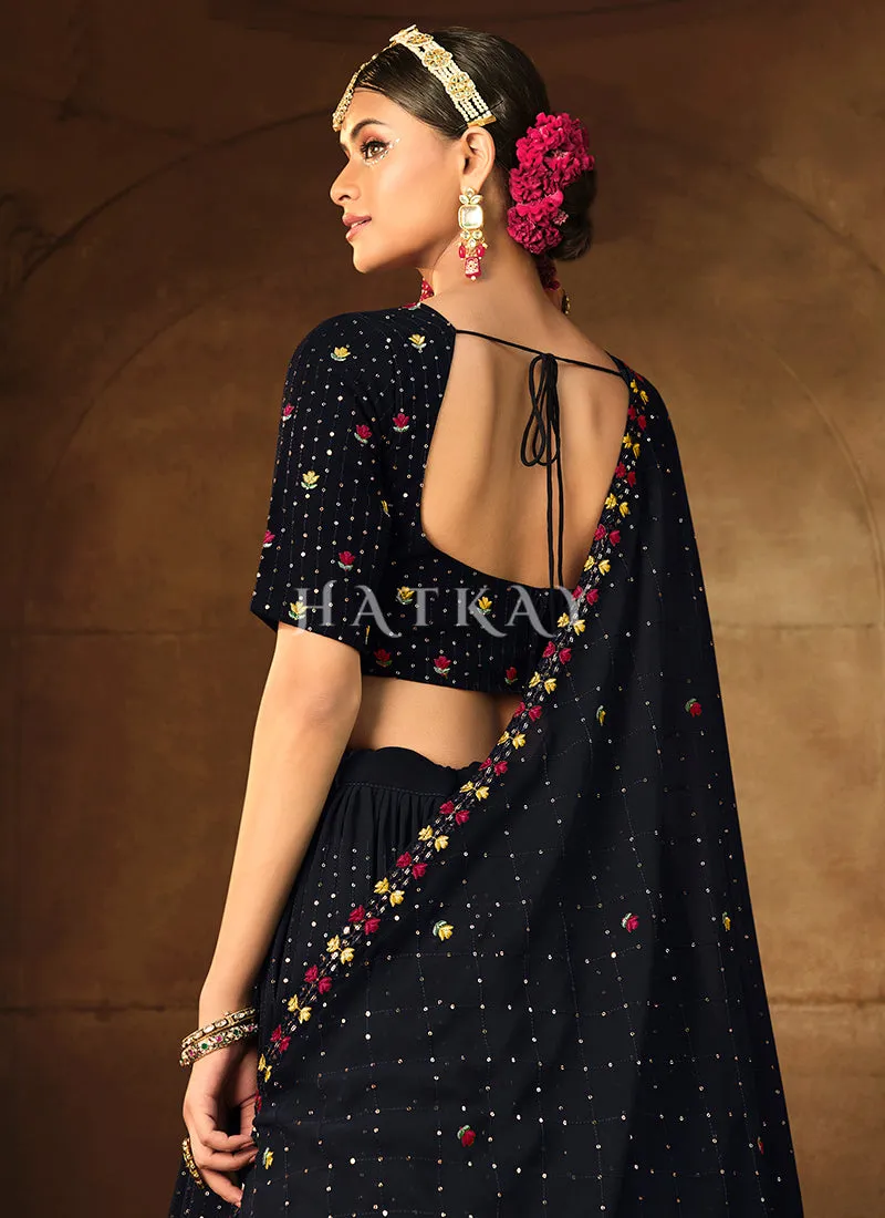 Dark Blue Multi Floral Embroidery Georgette Lehenga Choli