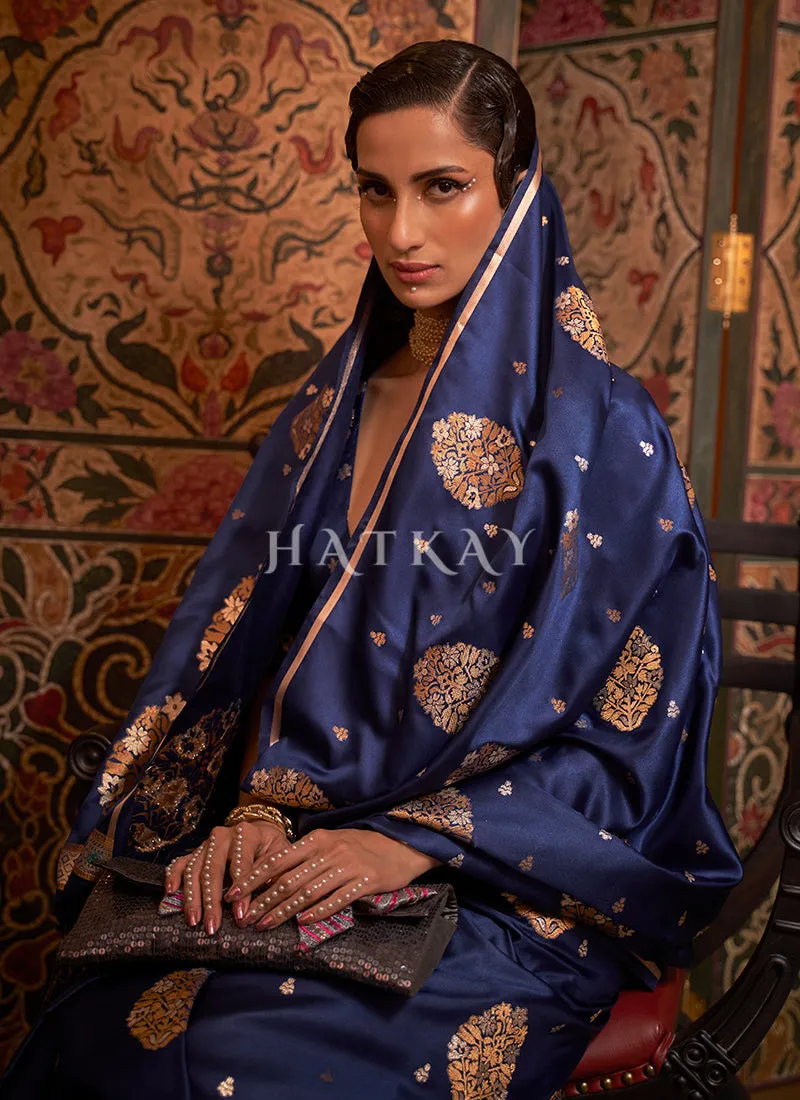 Dark Blue Zari Weaved Satin Silk Saree