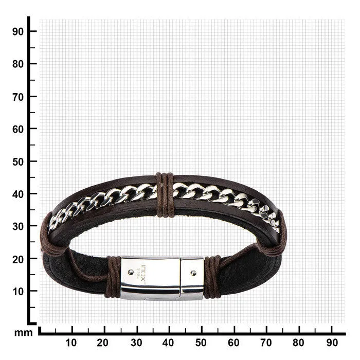 Dark Brown Leather Bracelet w/ Stainless Steel Curb Chain Inlayed