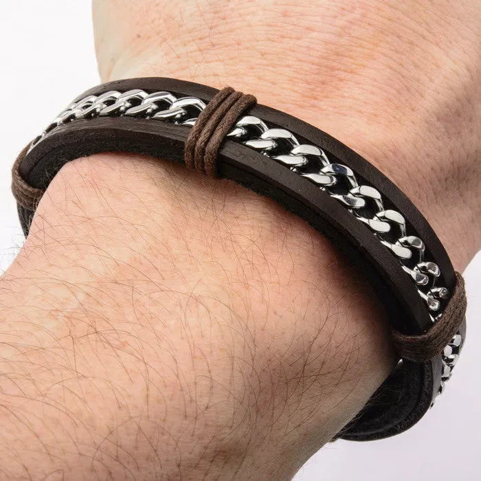 Dark Brown Leather Bracelet w/ Stainless Steel Curb Chain Inlayed