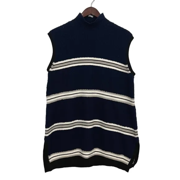 Derek Lam Wool Navy Striped Knit Sleeveless Turtleneck Sweater Top Chic Medium