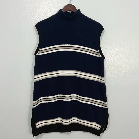 Derek Lam Wool Navy Striped Knit Sleeveless Turtleneck Sweater Top Chic Medium
