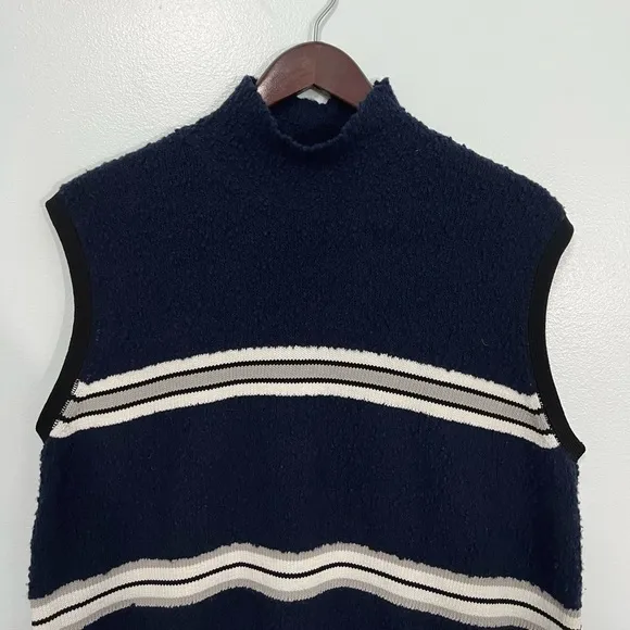 Derek Lam Wool Navy Striped Knit Sleeveless Turtleneck Sweater Top Chic Medium