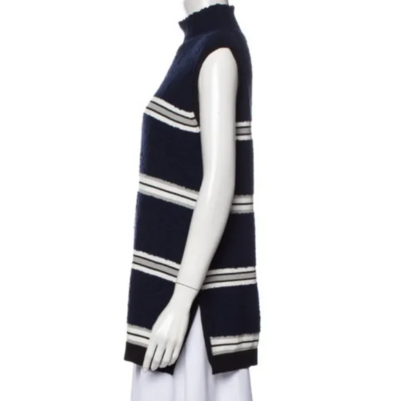 Derek Lam Wool Navy Striped Knit Sleeveless Turtleneck Sweater Top Chic Medium