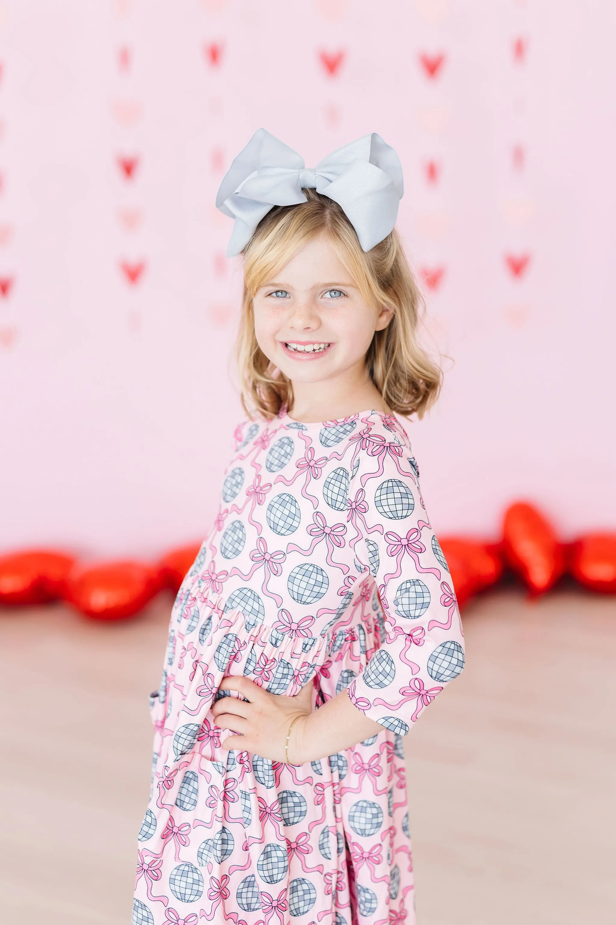 Disco Bows 3/4 Sleeve Pocket Twirl Dress