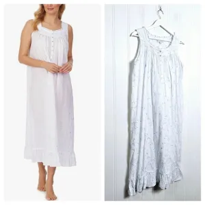 Eileen West Gown Womens Size L White Ballet Blue Embroidery Cottagecore Midi