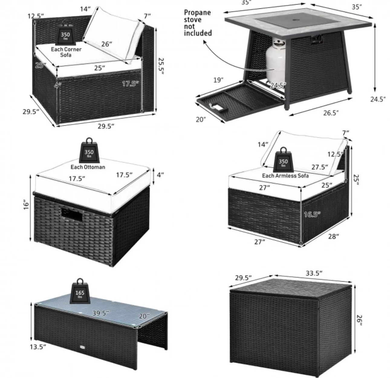 Elegant & Classy 9 Piece Outdoor Wicker Sectional With 35 Inch Gas Fire Pit Table Heavy Duty | In 6 Colours | Cover | Patio furniture