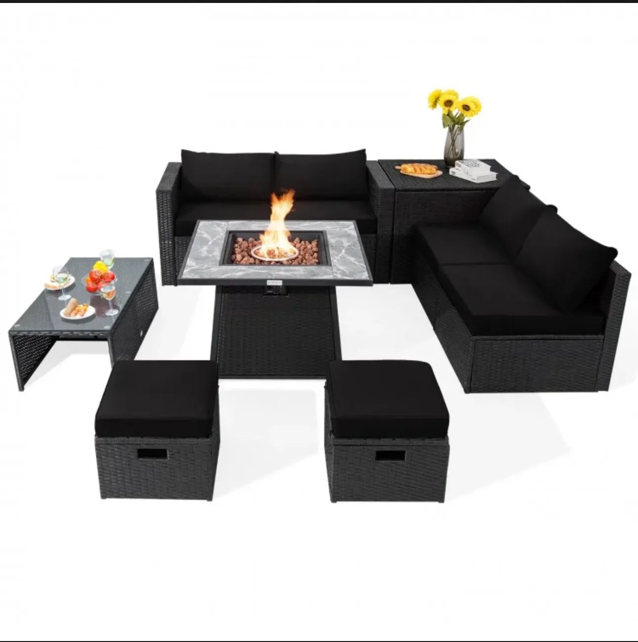 Elegant & Classy 9 Piece Outdoor Wicker Sectional With 35 Inch Gas Fire Pit Table Heavy Duty | In 6 Colours | Cover | Patio furniture