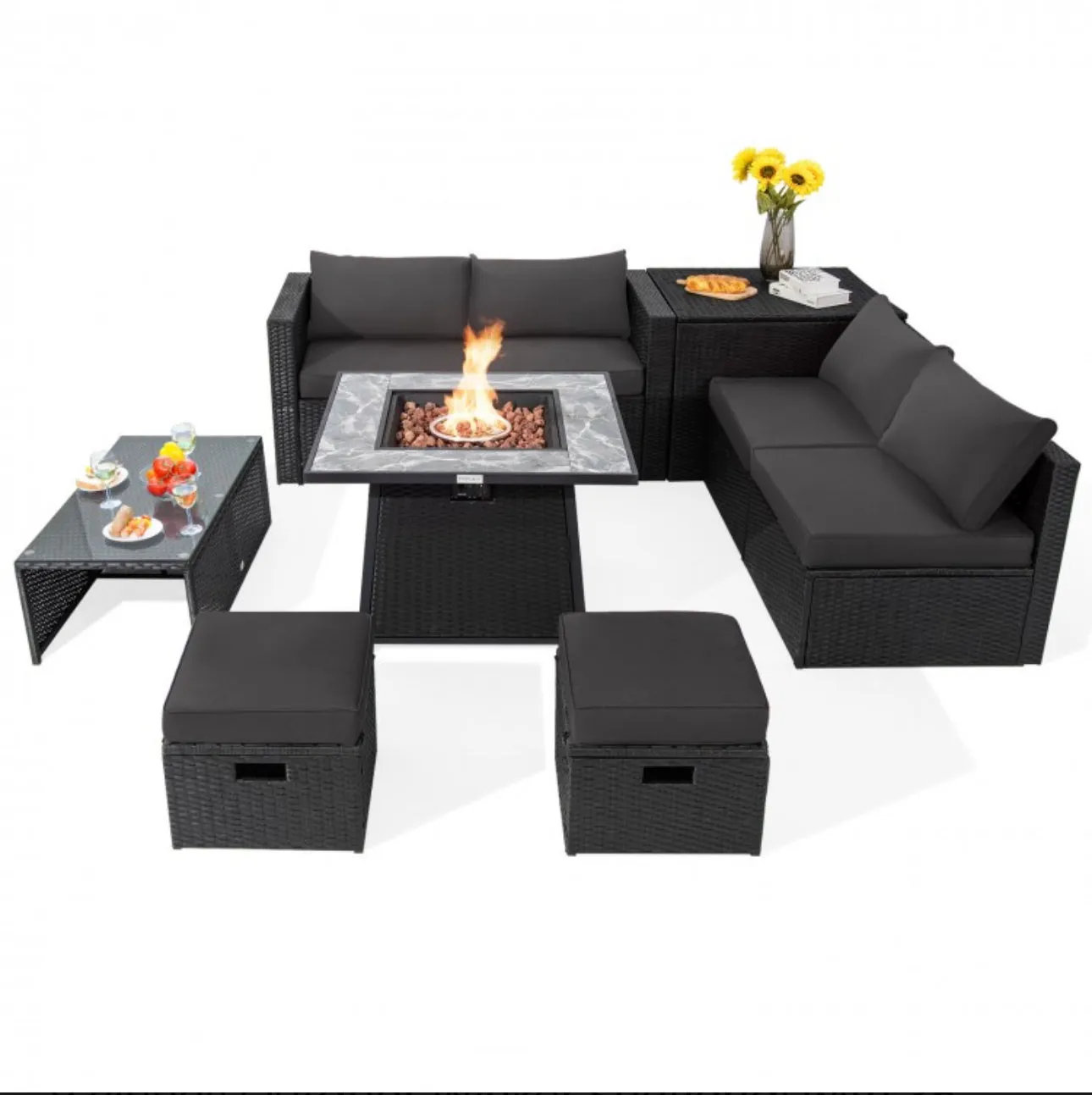 Elegant & Classy 9 Piece Outdoor Wicker Sectional With 35 Inch Gas Fire Pit Table Heavy Duty | In 6 Colours | Cover | Patio furniture