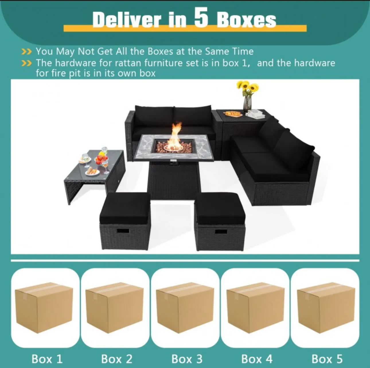 Elegant & Classy 9 Piece Outdoor Wicker Sectional With 35 Inch Gas Fire Pit Table Heavy Duty | In 6 Colours | Cover | Patio furniture