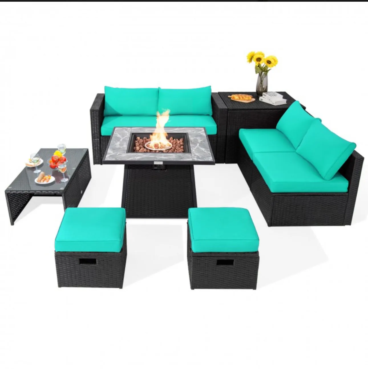 Elegant & Classy 9 Piece Outdoor Wicker Sectional With 35 Inch Gas Fire Pit Table Heavy Duty | In 6 Colours | Cover | Patio furniture