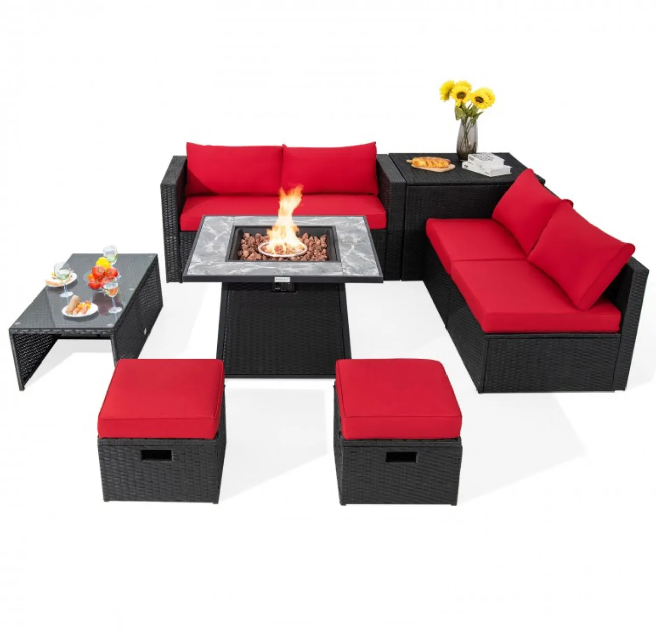 Elegant & Classy 9 Piece Outdoor Wicker Sectional With 35 Inch Gas Fire Pit Table Heavy Duty | In 6 Colours | Cover | Patio furniture