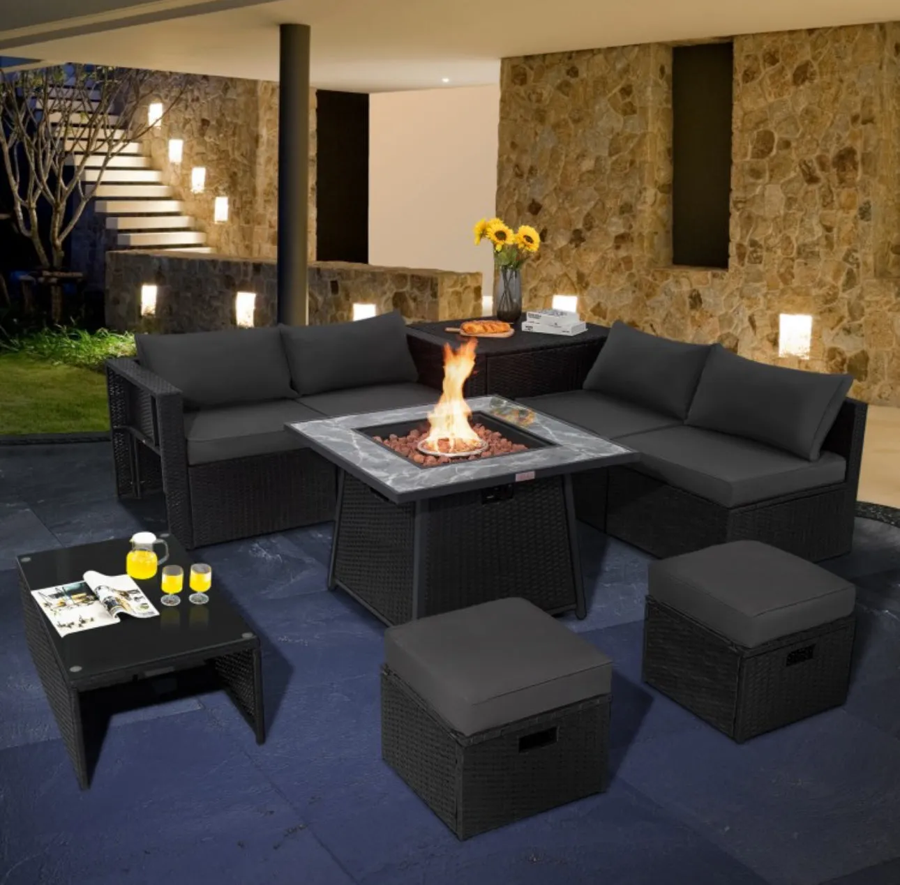Elegant & Classy 9 Piece Outdoor Wicker Sectional With 35 Inch Gas Fire Pit Table Heavy Duty | In 6 Colours | Cover | Patio furniture