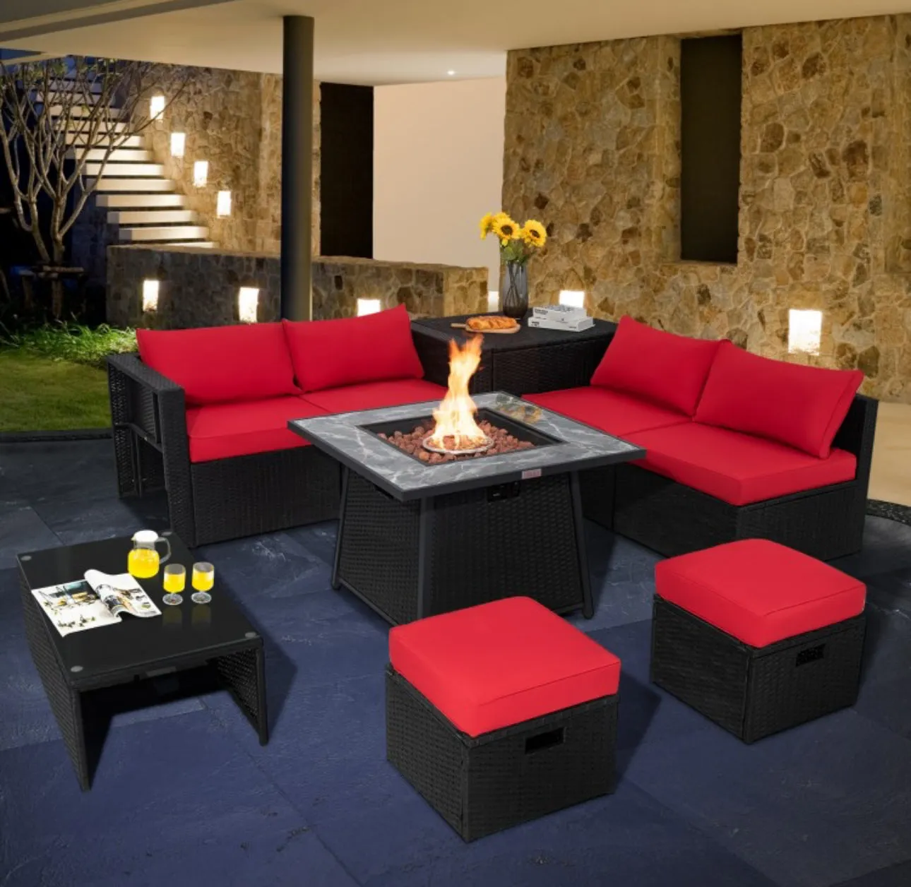 Elegant & Classy 9 Piece Outdoor Wicker Sectional With 35 Inch Gas Fire Pit Table Heavy Duty | In 6 Colours | Cover | Patio furniture
