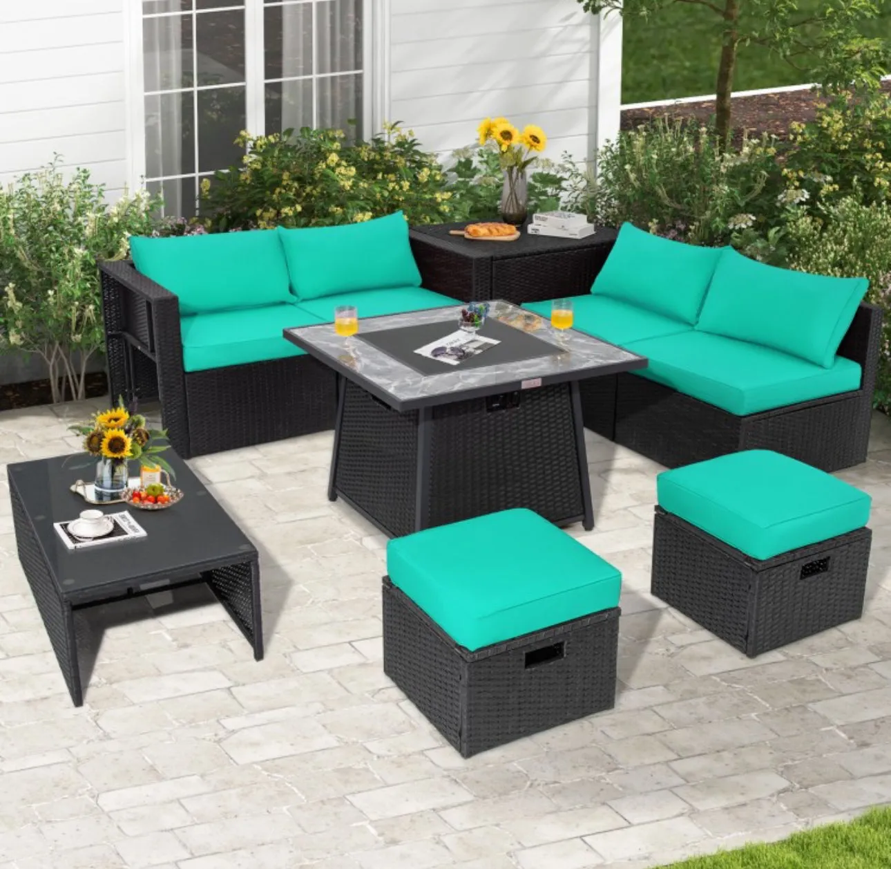 Elegant & Classy 9 Piece Outdoor Wicker Sectional With 35 Inch Gas Fire Pit Table Heavy Duty | In 6 Colours | Cover | Patio furniture