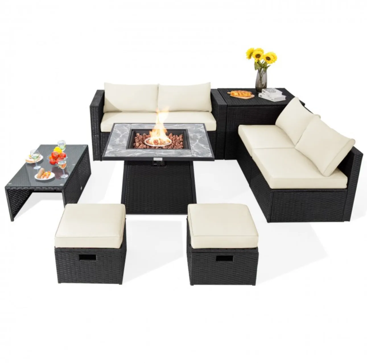 Elegant & Classy 9 Piece Outdoor Wicker Sectional With 35 Inch Gas Fire Pit Table Heavy Duty | In 6 Colours | Cover | Patio furniture