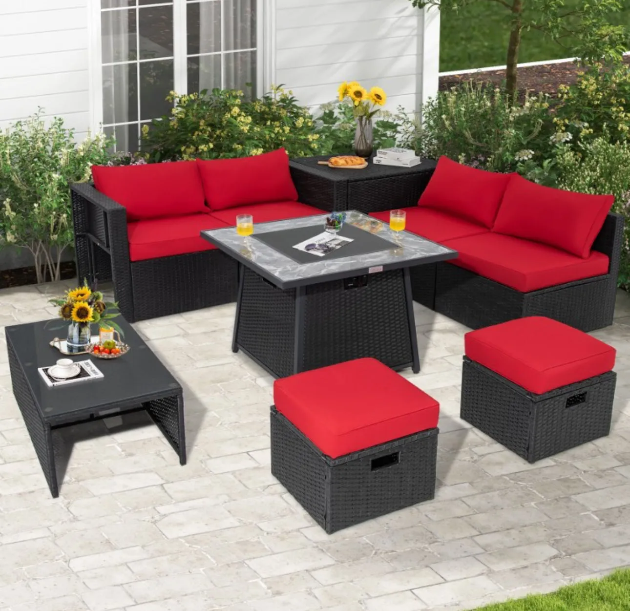 Elegant & Classy 9 Piece Outdoor Wicker Sectional With 35 Inch Gas Fire Pit Table Heavy Duty | In 6 Colours | Cover | Patio furniture