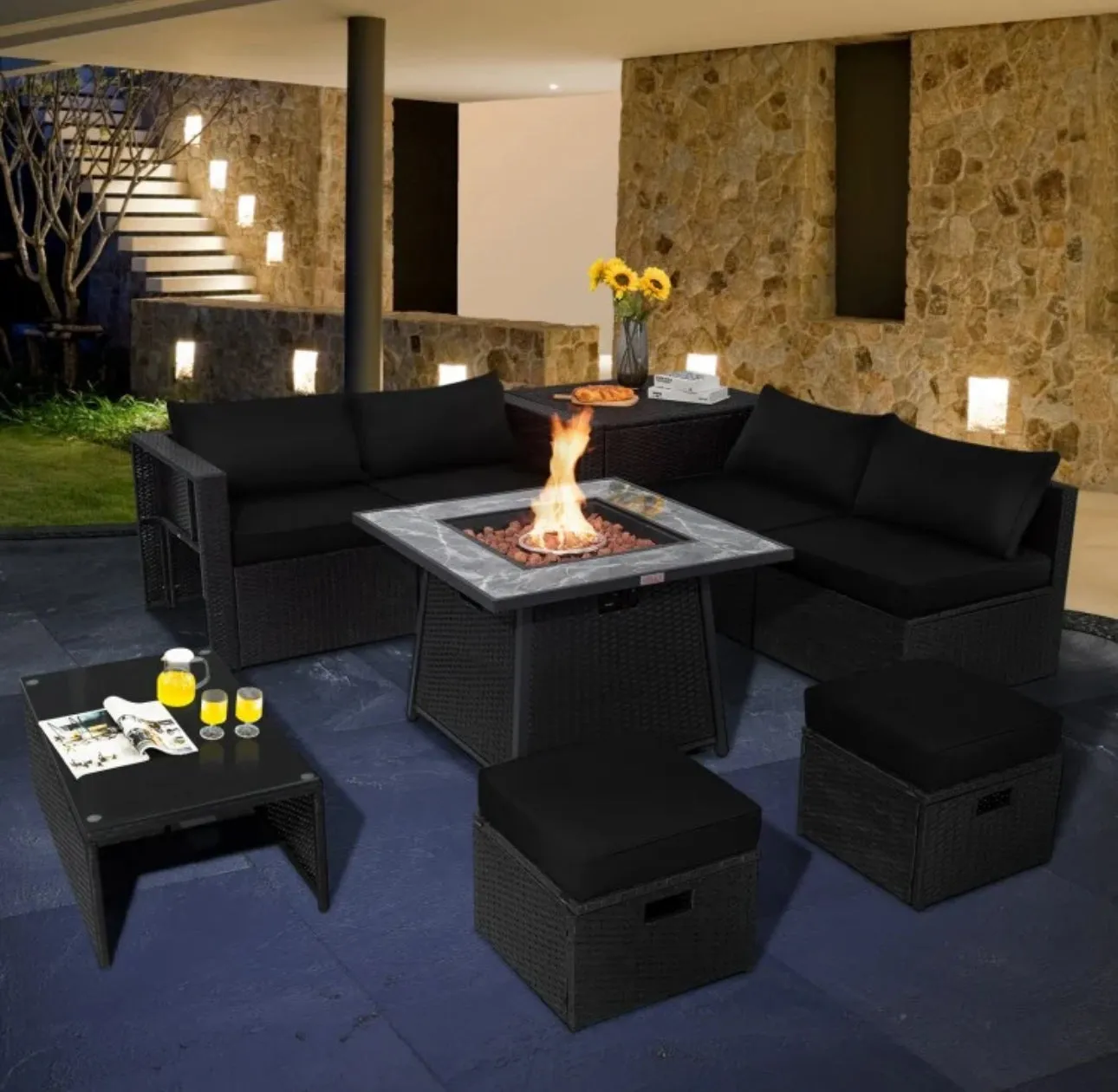Elegant & Classy 9 Piece Outdoor Wicker Sectional With 35 Inch Gas Fire Pit Table Heavy Duty | In 6 Colours | Cover | Patio furniture