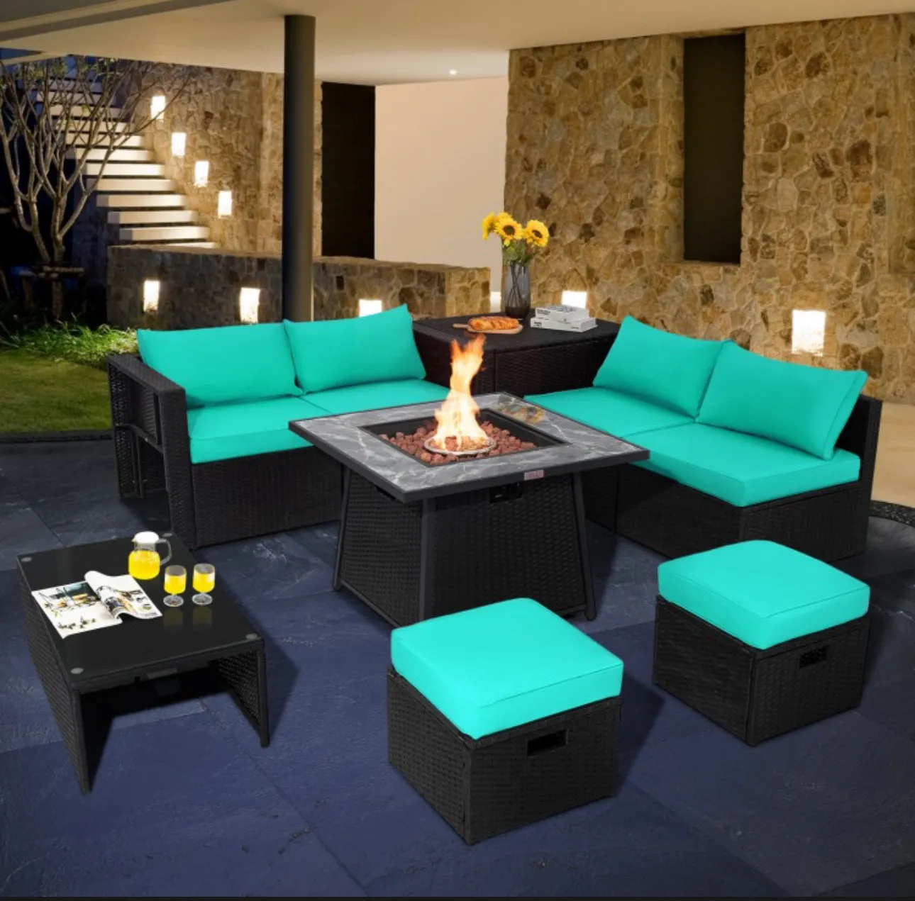Elegant & Classy 9 Piece Outdoor Wicker Sectional With 35 Inch Gas Fire Pit Table Heavy Duty | In 6 Colours | Cover | Patio furniture
