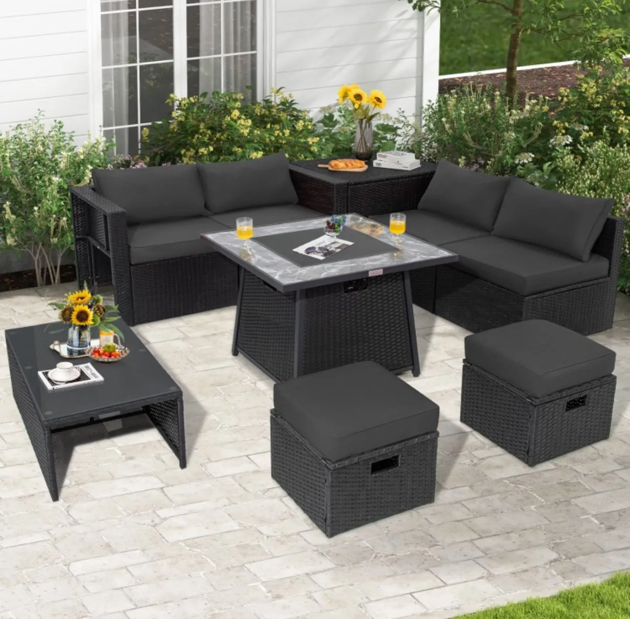 Elegant & Classy 9 Piece Outdoor Wicker Sectional With 35 Inch Gas Fire Pit Table Heavy Duty | In 6 Colours | Cover | Patio furniture