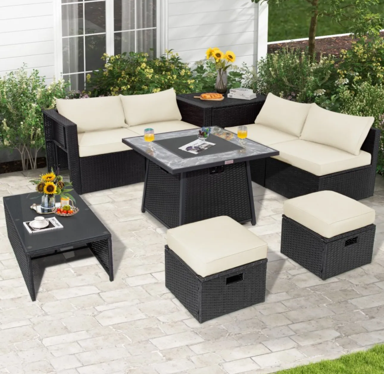 Elegant & Classy 9 Piece Outdoor Wicker Sectional With 35 Inch Gas Fire Pit Table Heavy Duty | In 6 Colours | Cover | Patio furniture