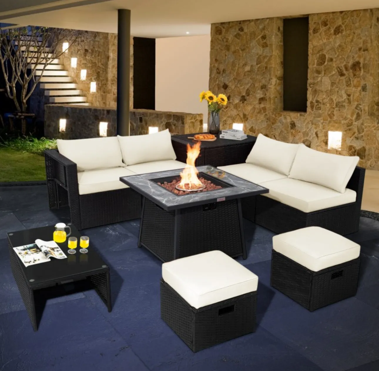 Elegant & Classy 9 Piece Outdoor Wicker Sectional With 35 Inch Gas Fire Pit Table Heavy Duty | In 6 Colours | Cover | Patio furniture