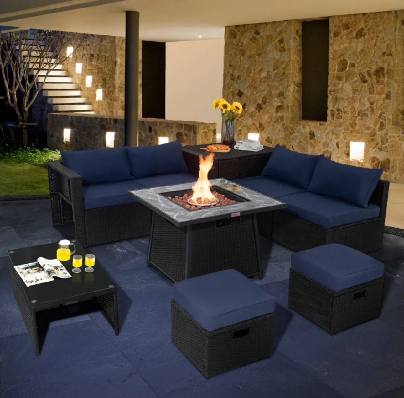Elegant & Classy 9 Piece Outdoor Wicker Sectional With 35 Inch Gas Fire Pit Table Heavy Duty | In 6 Colours | Cover | Patio furniture