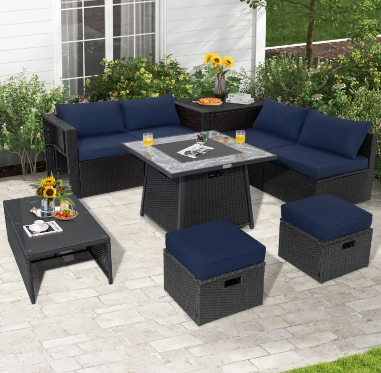 Elegant & Classy 9 Piece Outdoor Wicker Sectional With 35 Inch Gas Fire Pit Table Heavy Duty | In 6 Colours | Cover | Patio furniture