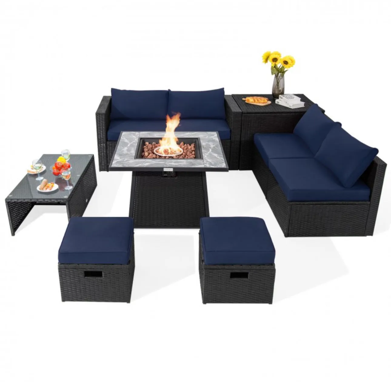 Elegant & Classy 9 Piece Outdoor Wicker Sectional With 35 Inch Gas Fire Pit Table Heavy Duty | In 6 Colours | Cover | Patio furniture