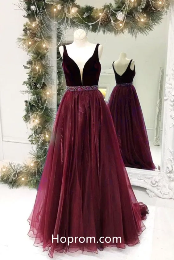 Elegant V-neck Sheer Prom Dress with Beaded Waist