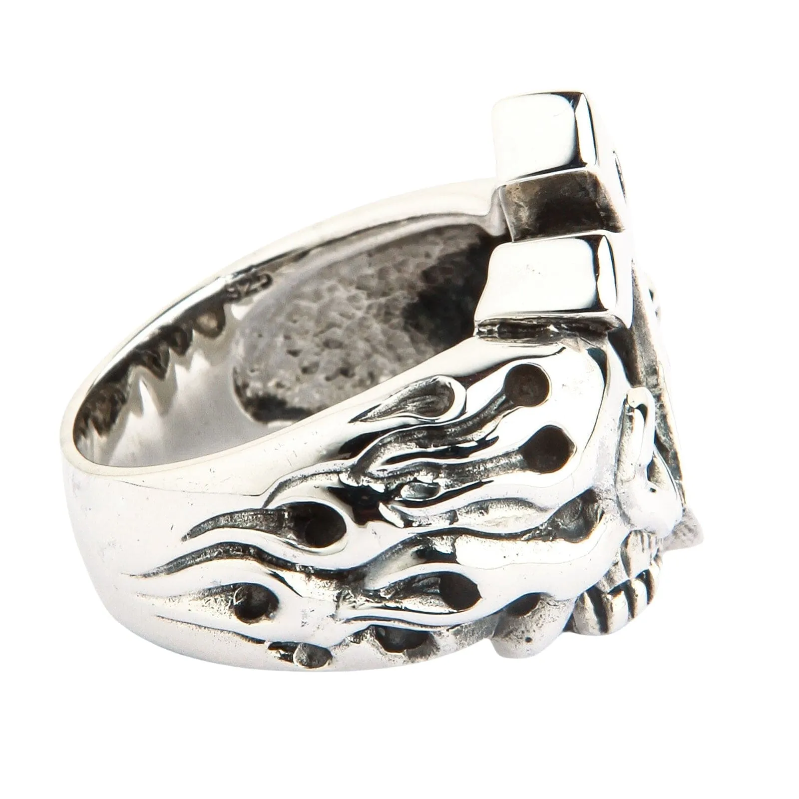 Flame Cross Skull Sterling Silver Ring