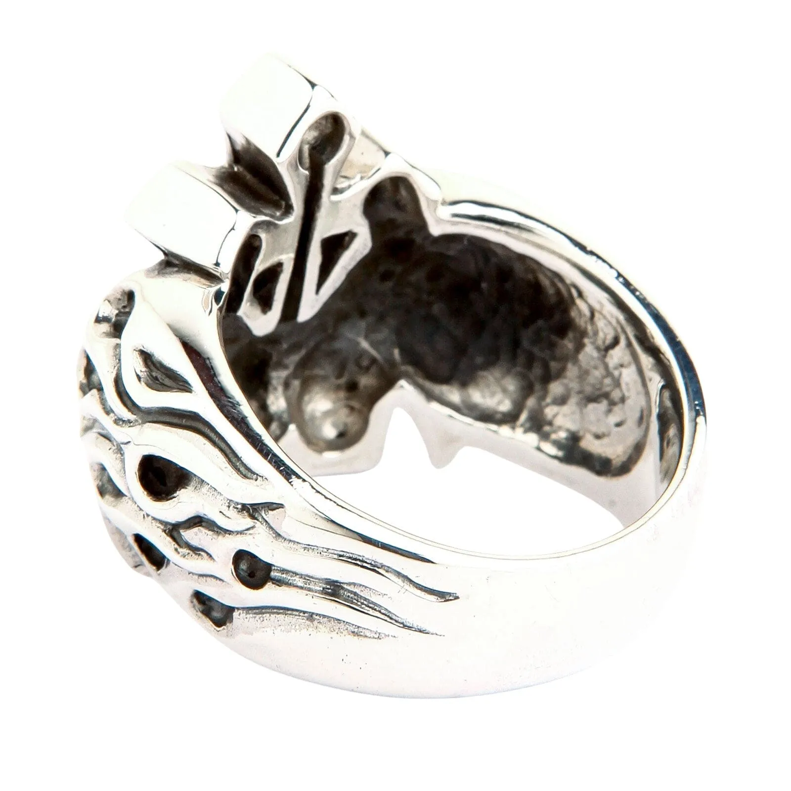 Flame Cross Skull Sterling Silver Ring