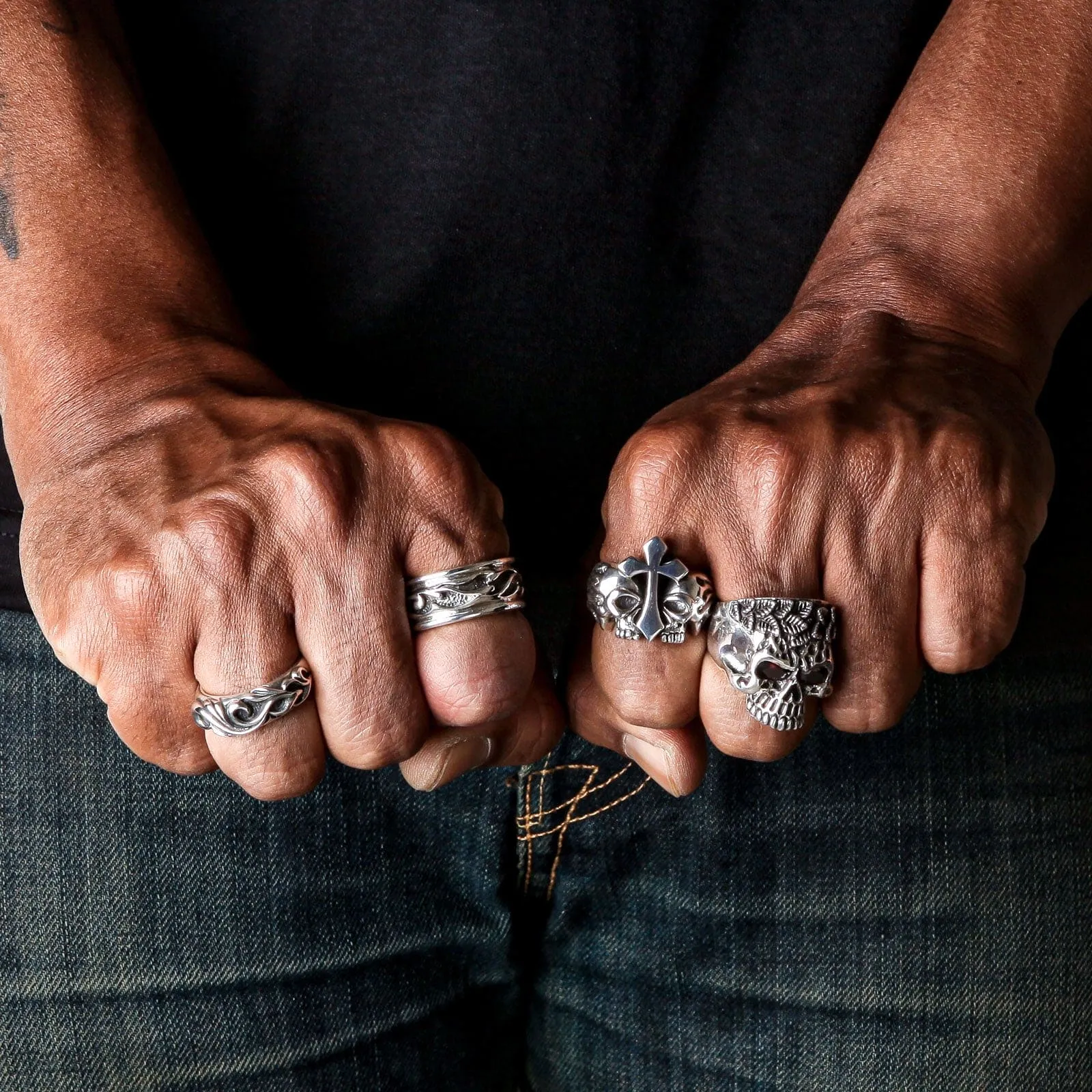 Flame Cross Skull Sterling Silver Ring
