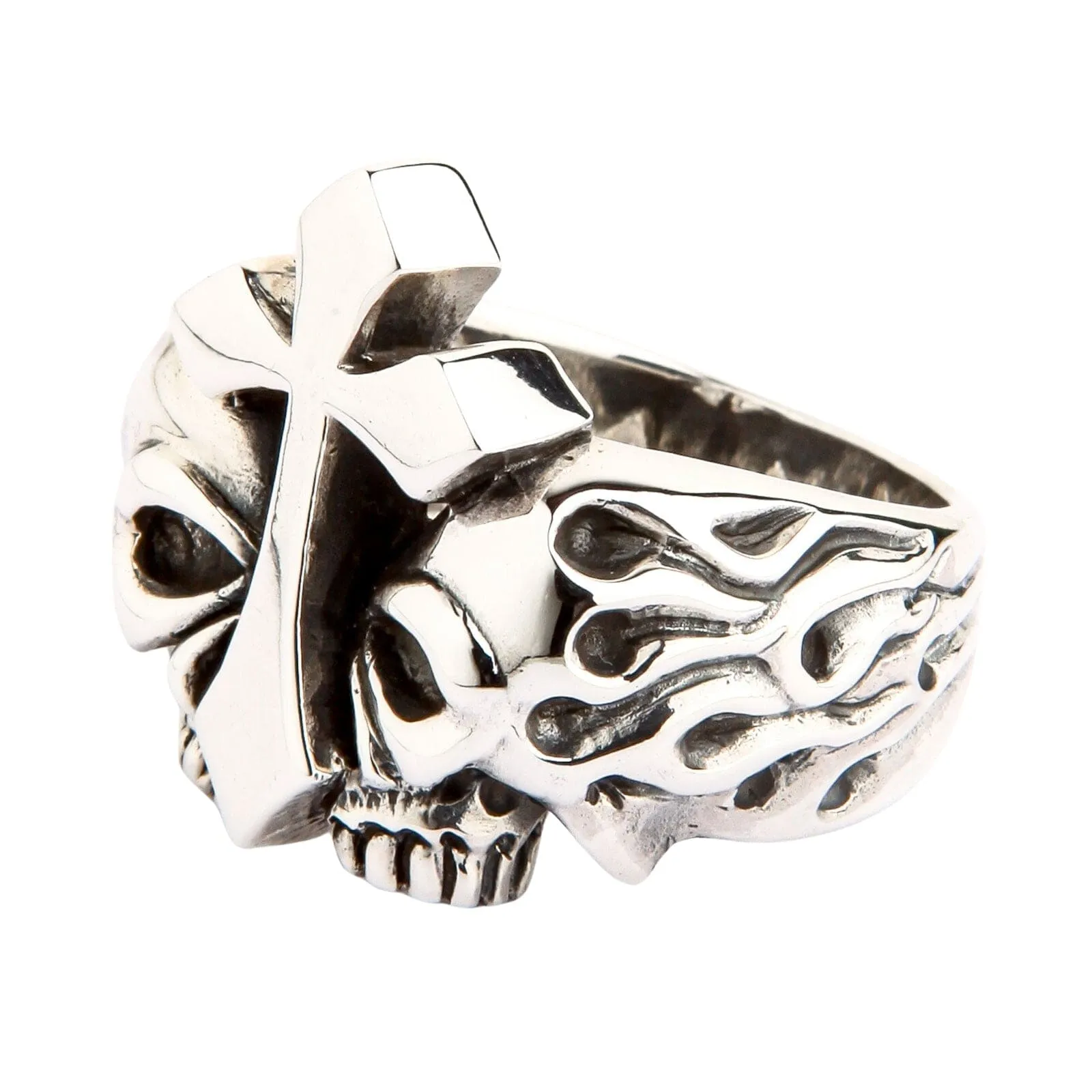 Flame Cross Skull Sterling Silver Ring