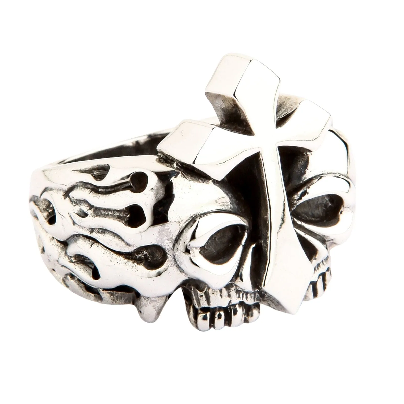 Flame Cross Skull Sterling Silver Ring