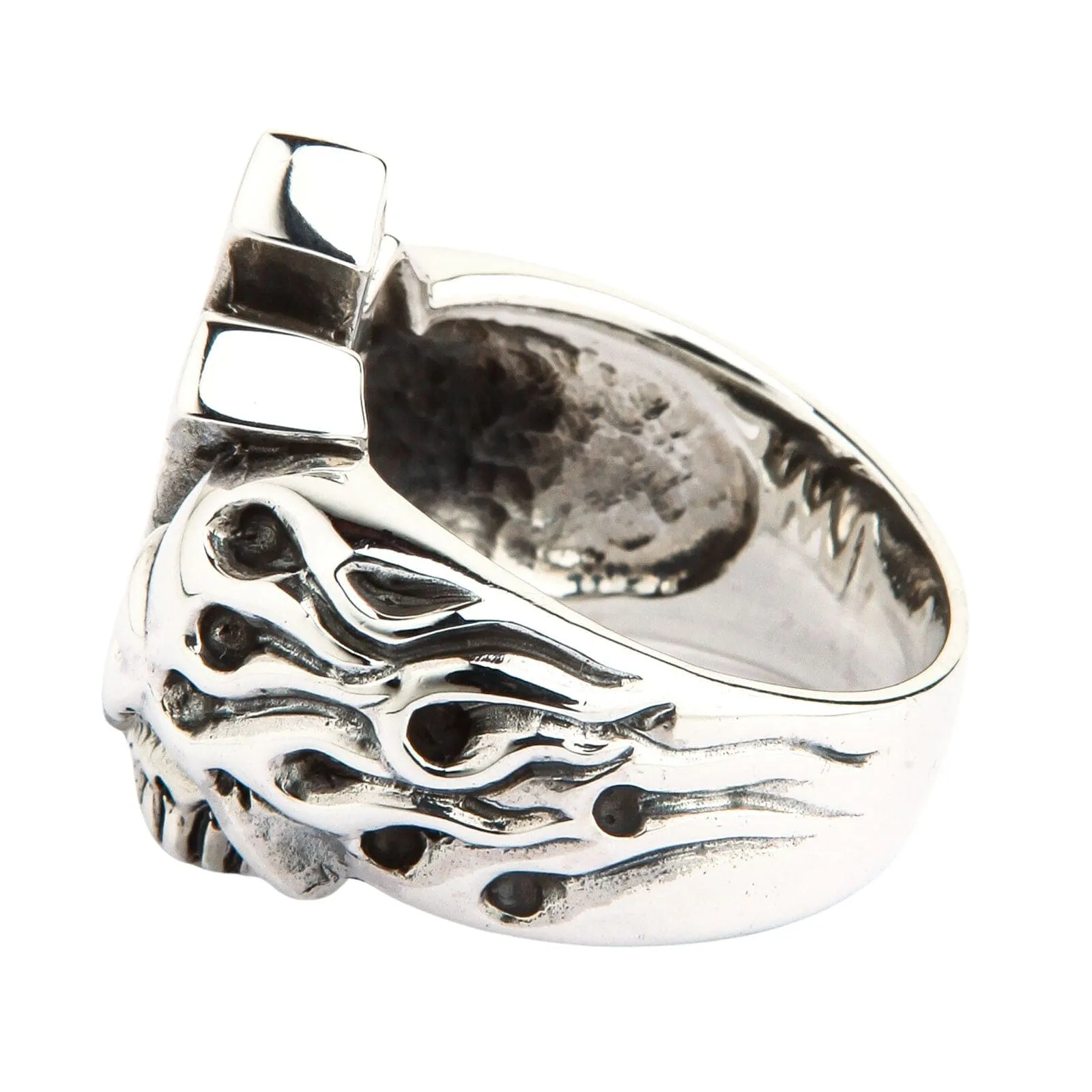 Flame Cross Skull Sterling Silver Ring