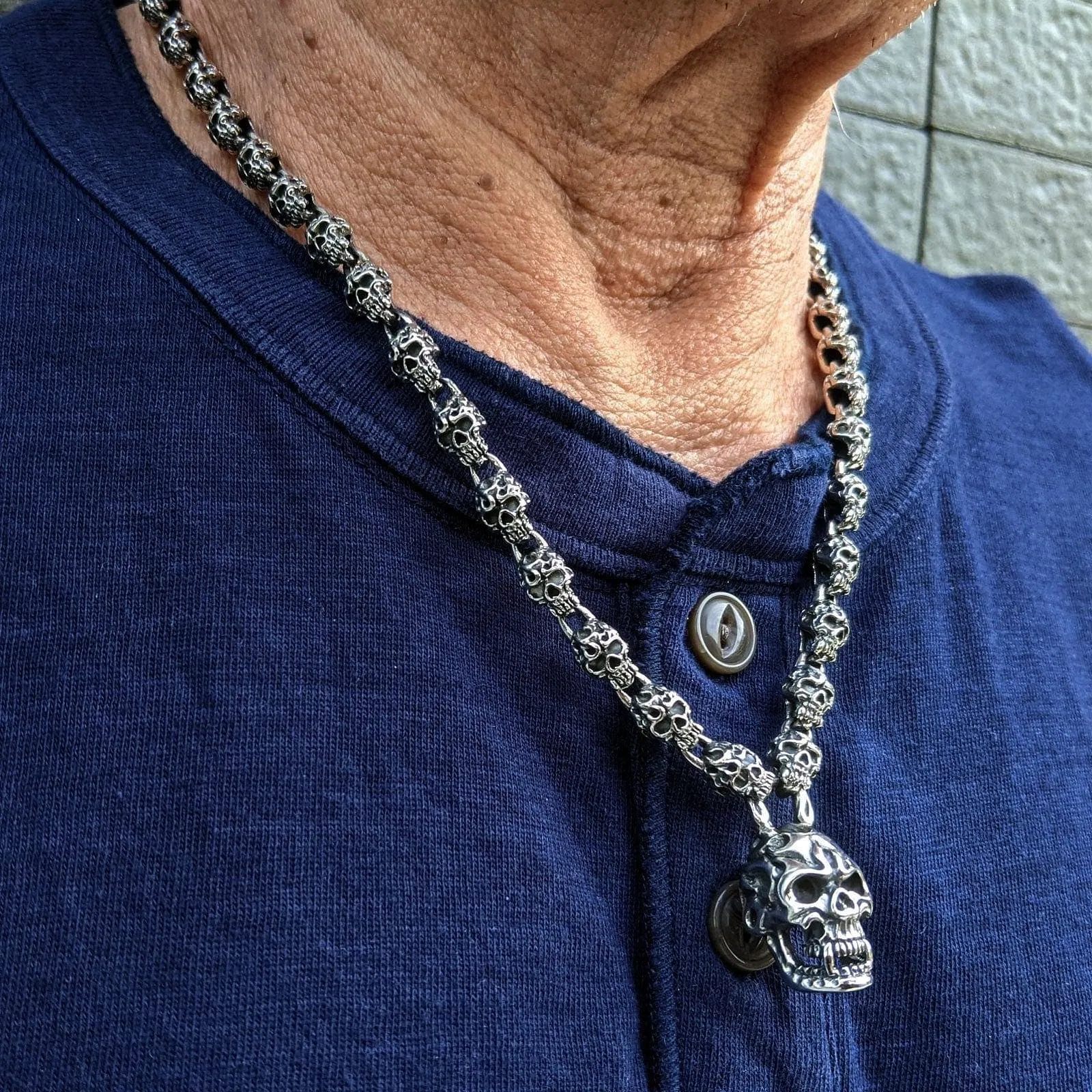Flaming Skull Sterling Silver Biker Necklace