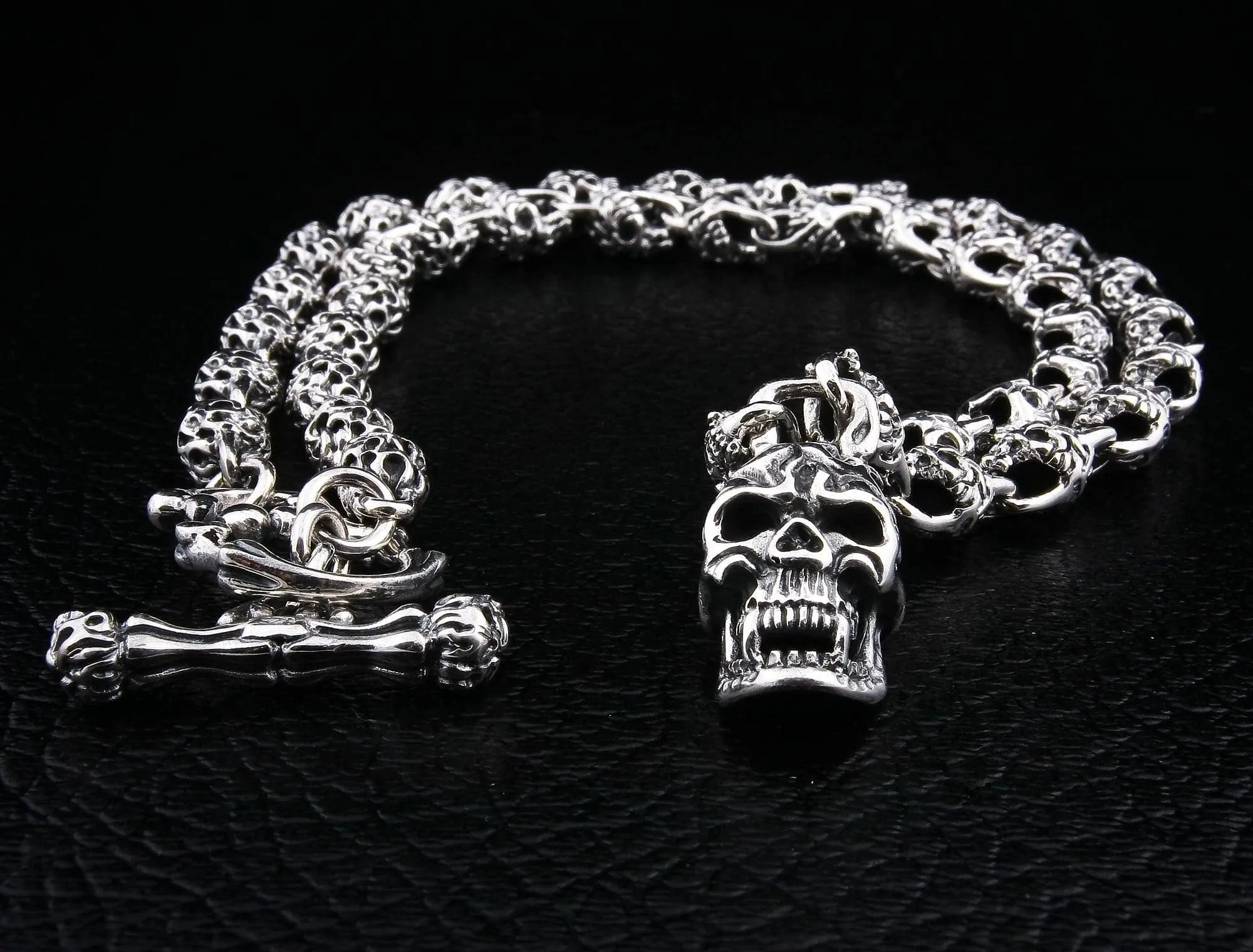 Flaming Skull Sterling Silver Biker Necklace