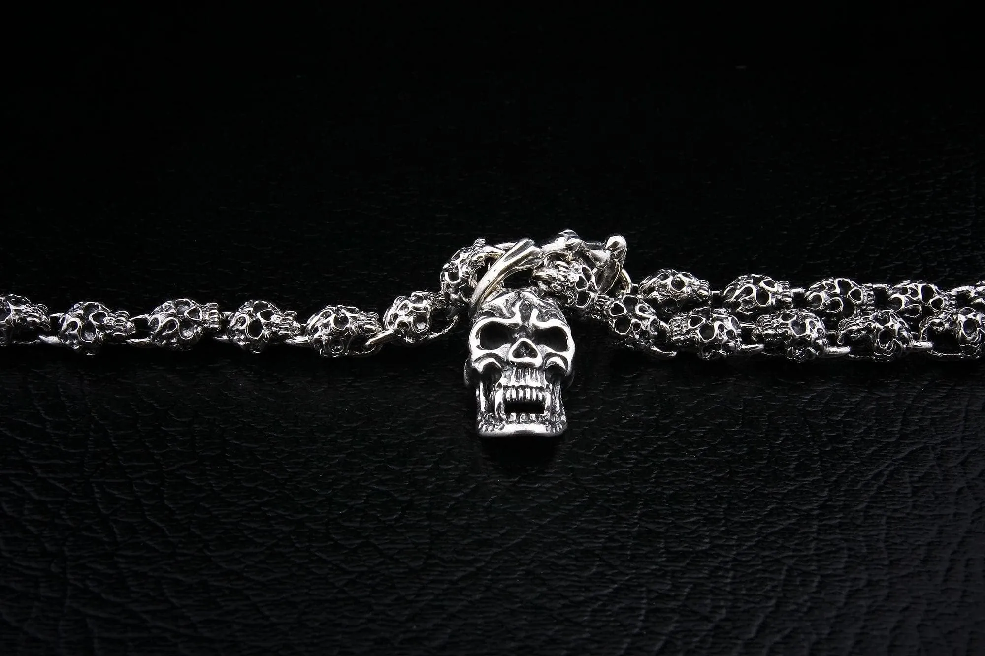 Flaming Skull Sterling Silver Biker Necklace