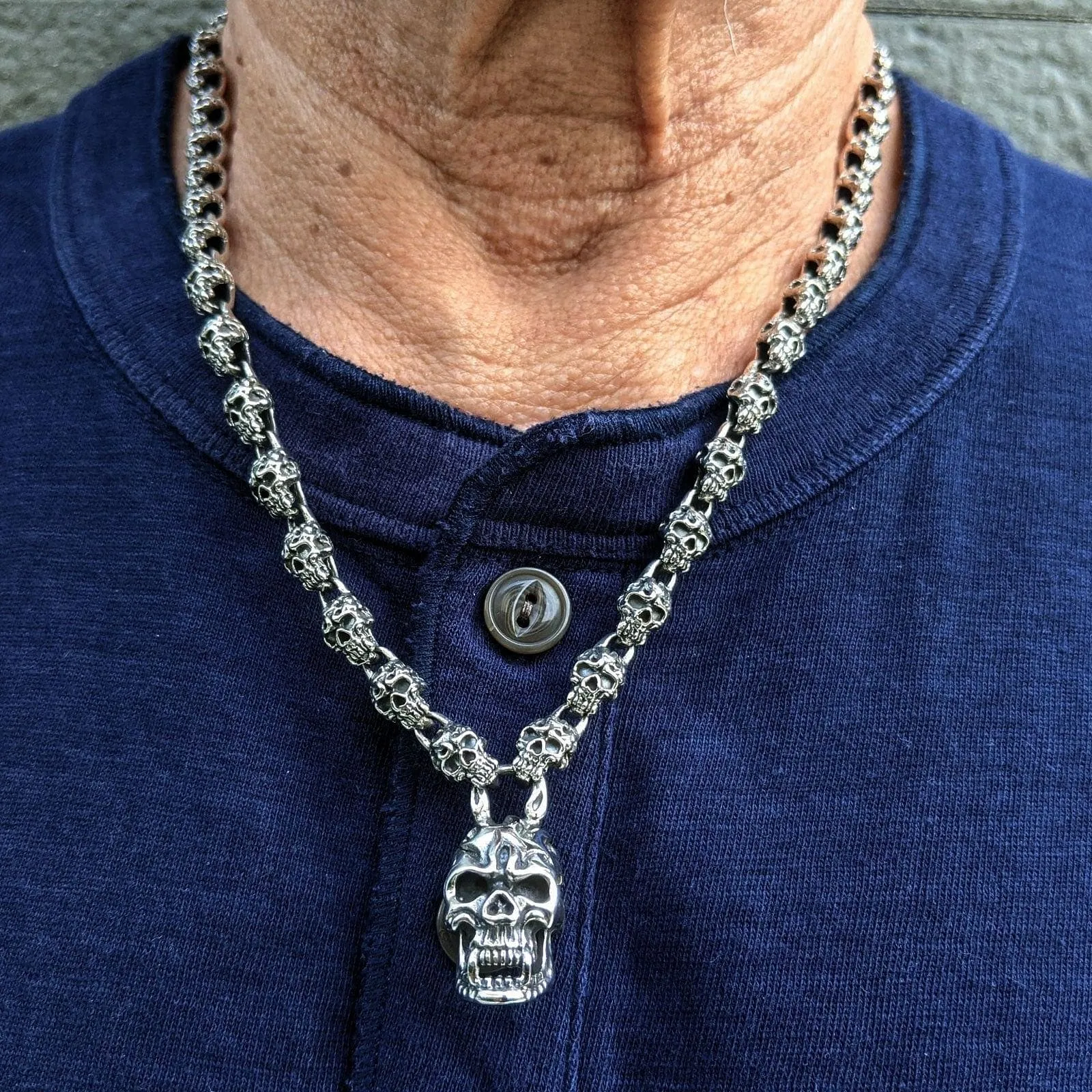 Flaming Skull Sterling Silver Biker Necklace