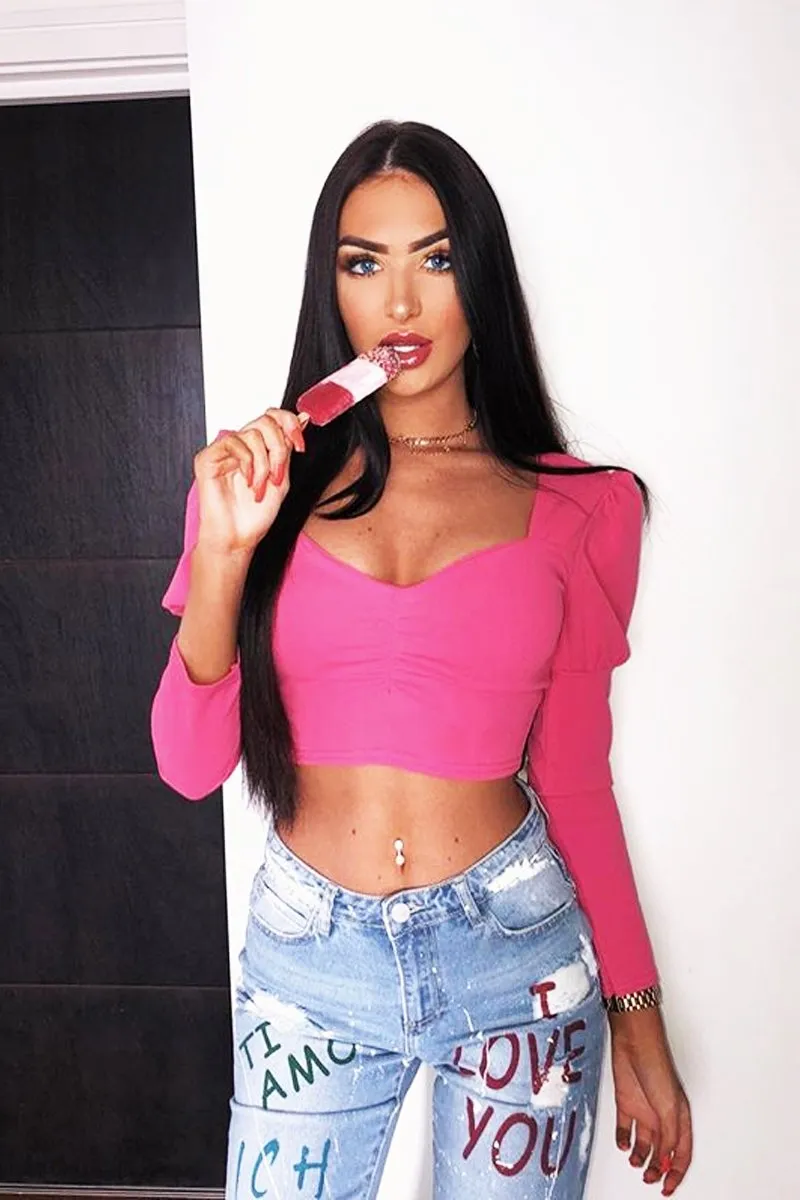 Fuchsia Crepe Sweetheart Puff Sleeve Crop Top - Porsha