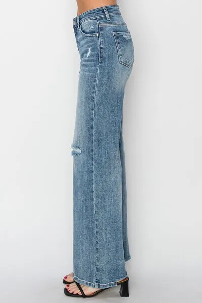 Full Size High Waist Distressed Wide Leg Jeans