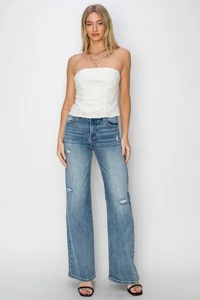 Full Size High Waist Distressed Wide Leg Jeans