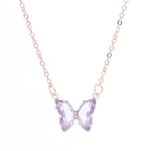 Glass Crystal Butterfly Pendant Necklace for Women